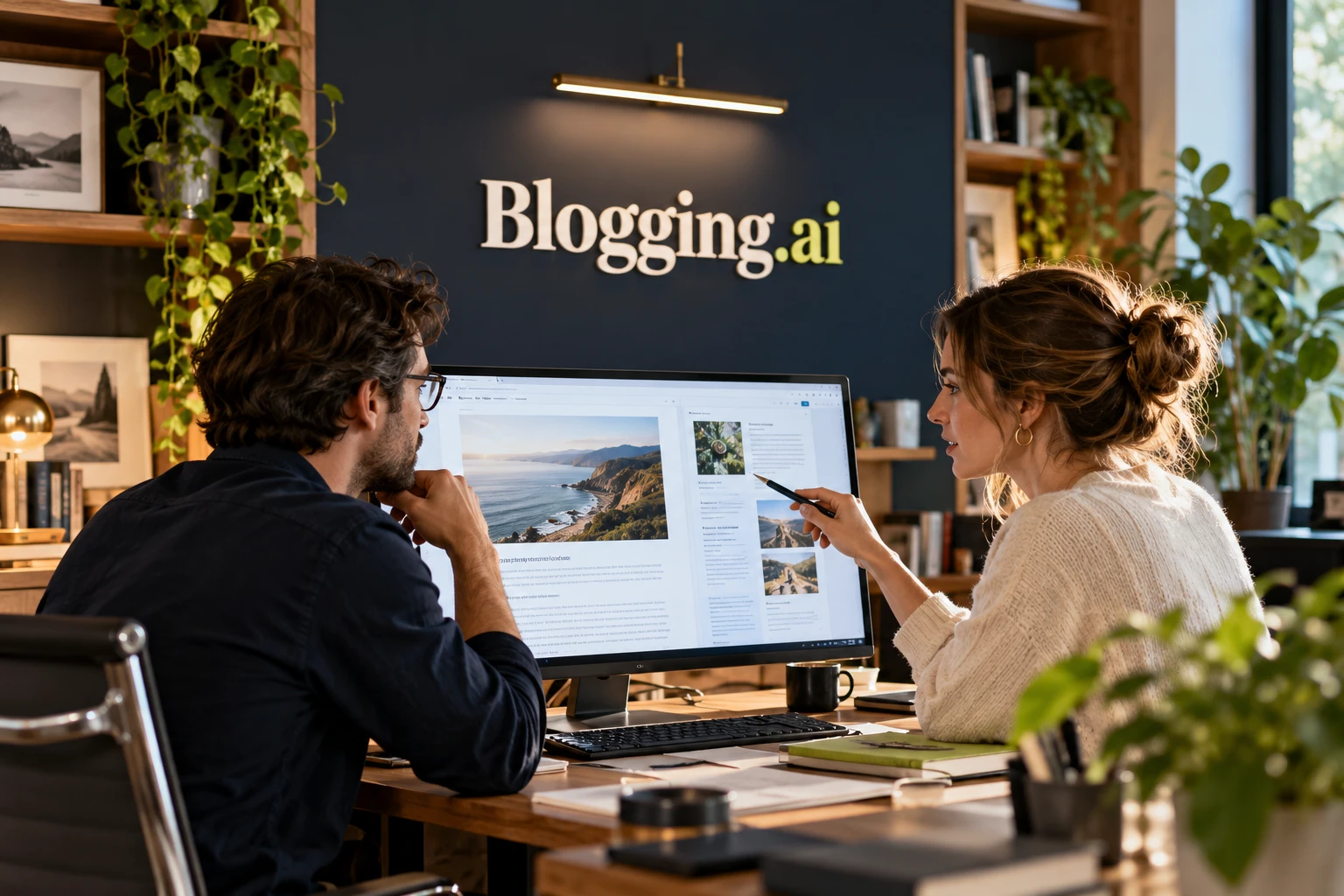 Editorial team reviewing an assignment at a shared screen