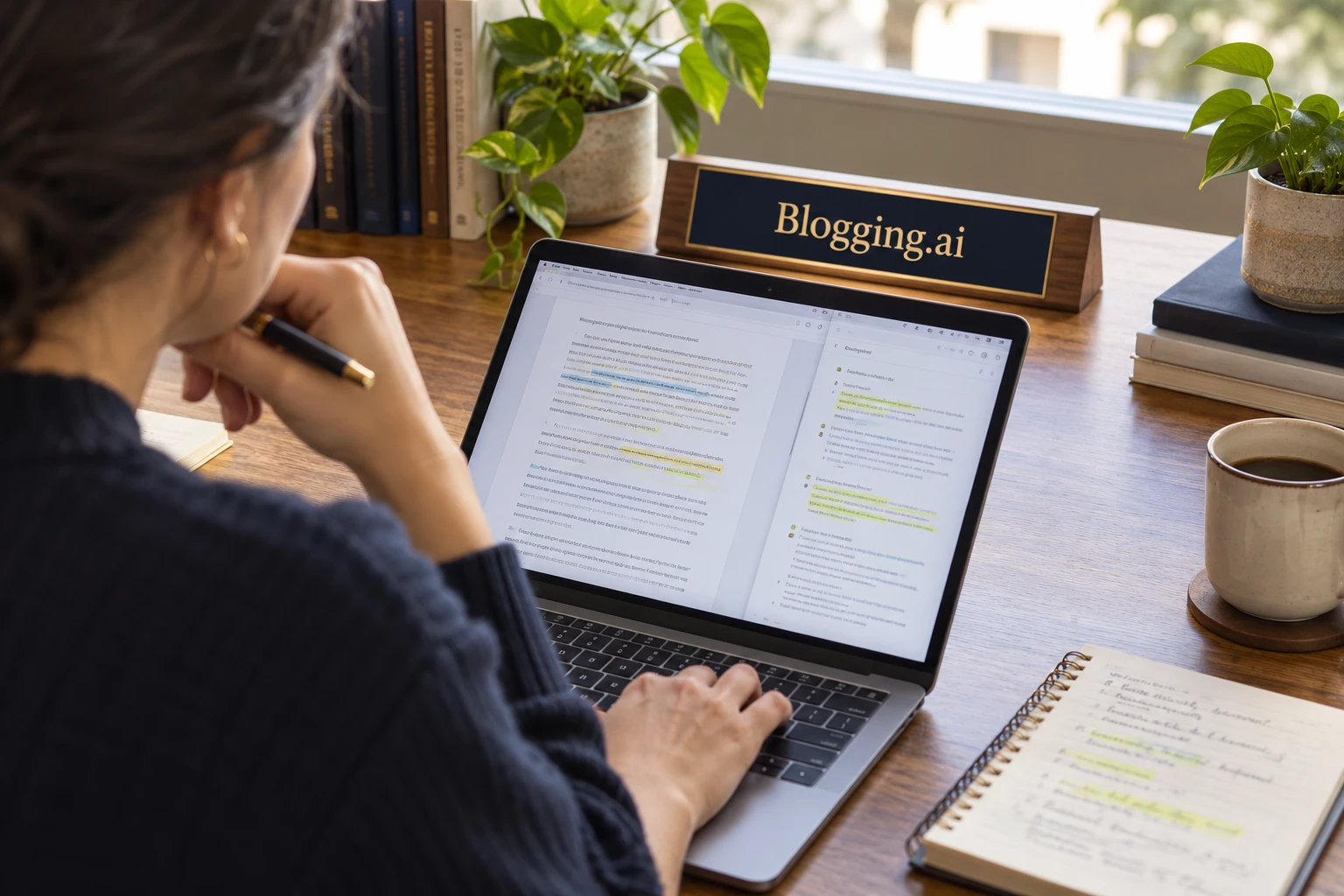 Writer organizing source notes and a draft on a computer